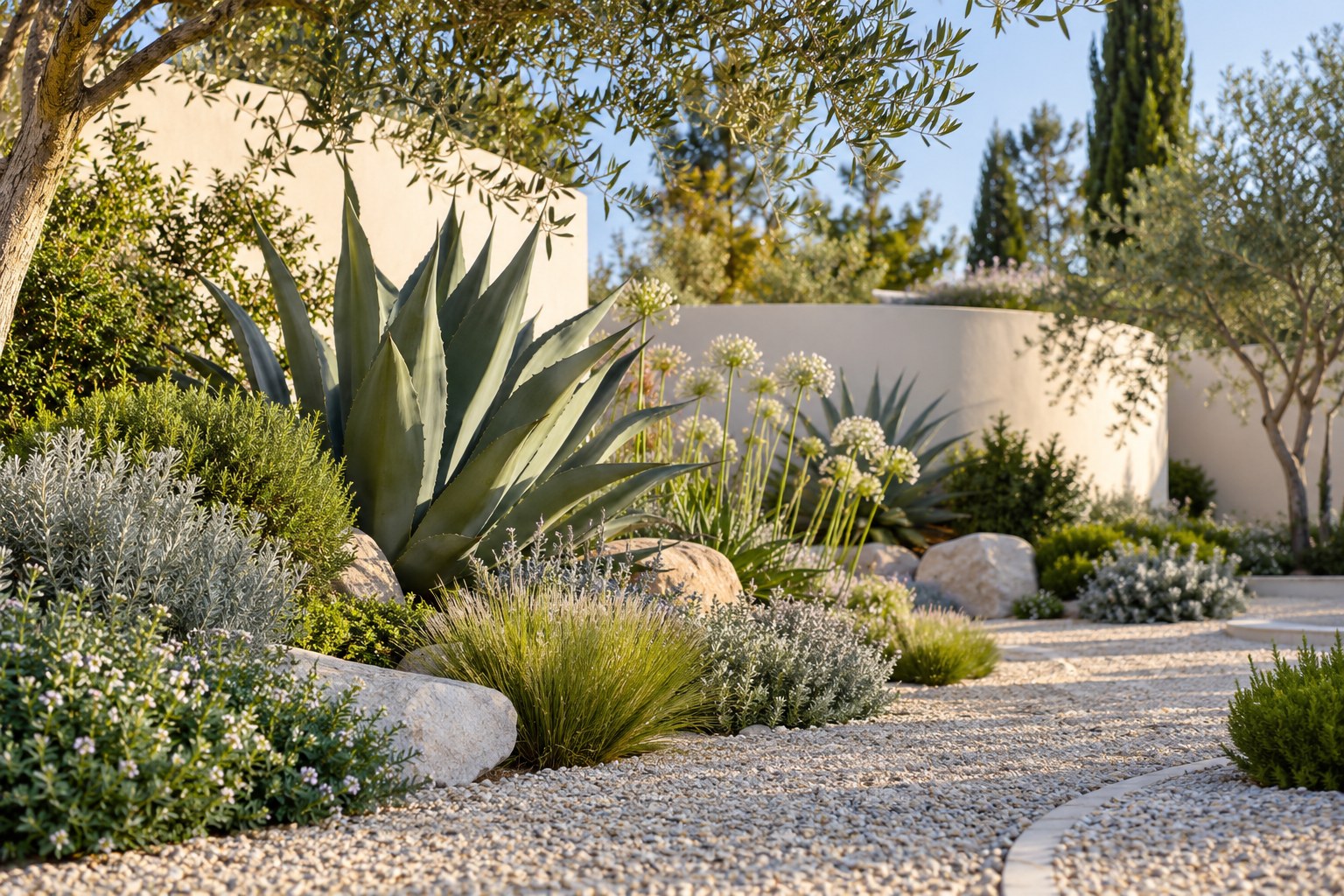 Jardines y uso responsable del agua: propuesta luminosa con crema, amarillo suave y verde grisáceo